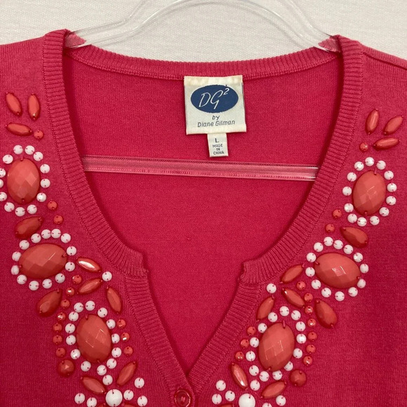 DG2 by Diane Gilman Pink Embellished Button Lightweight Knit Cardigan Large - Picture 3 of 10